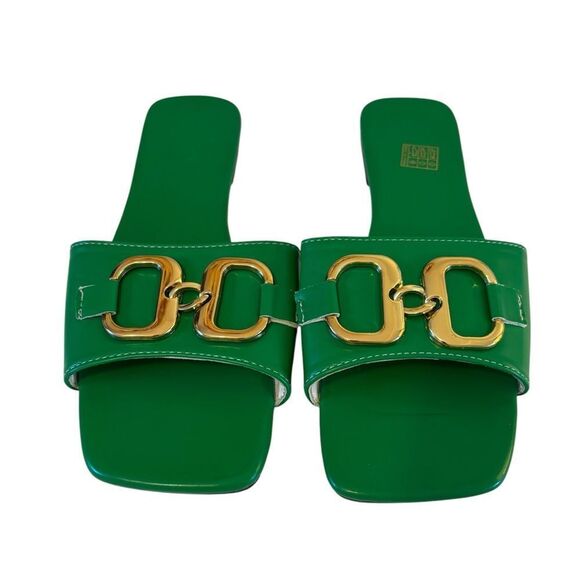 Kelly Green Slide Sandals with Gold Buckle Accents. - Picture 1 of 6